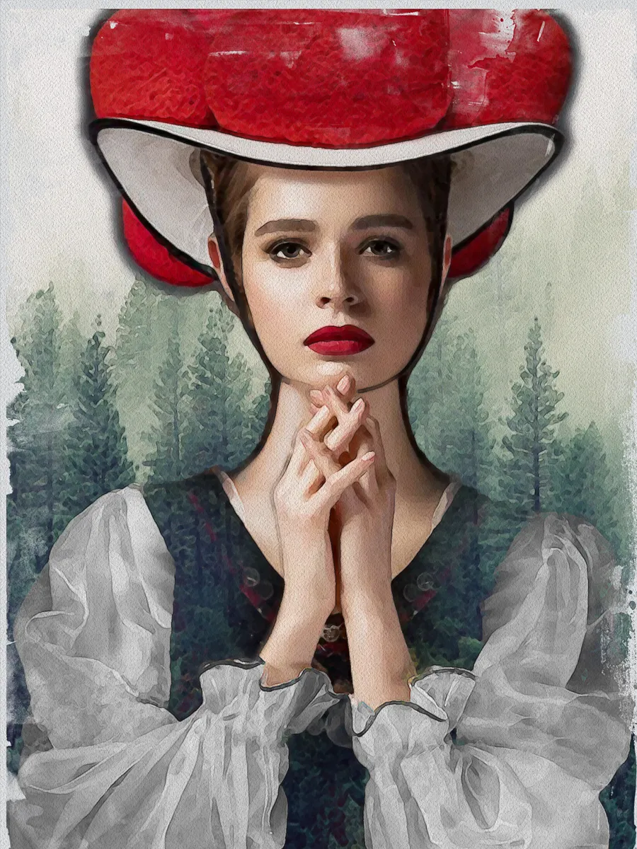 Maria Magdalena – modernes Schwarzwaldmädel mit Bollenhut, Acryl auf Leinwand 40×60 cm, NIR Design 2024