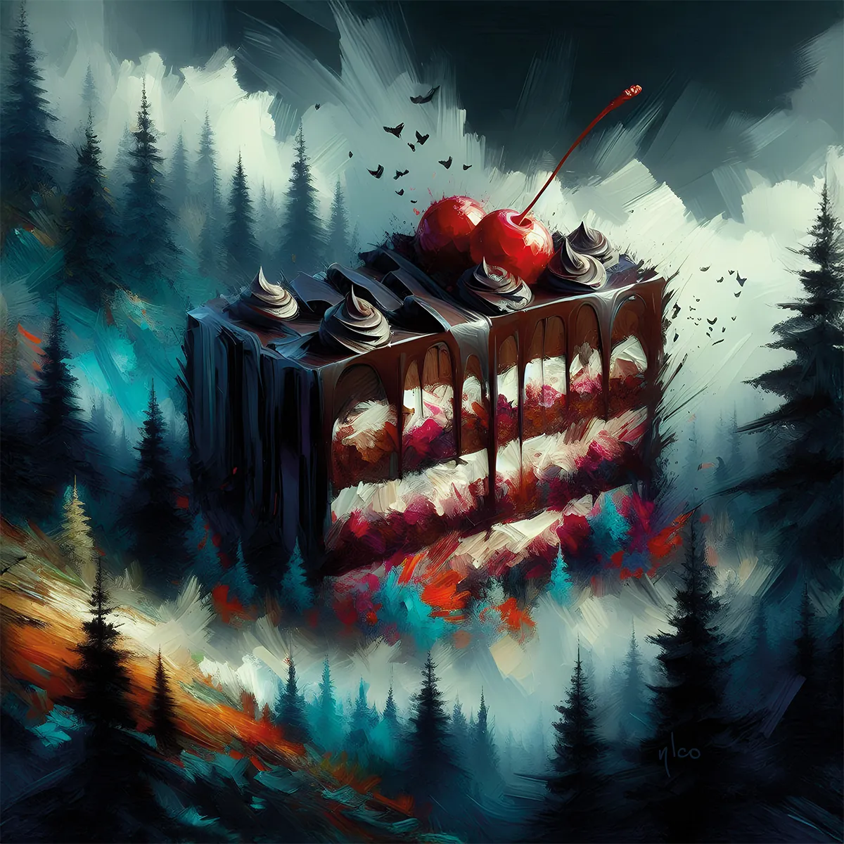 Schwarzwälder Kirschtorte – modernes Schwarzwald Gemälde als Kunstdruck 20×20 cm, NIR Design