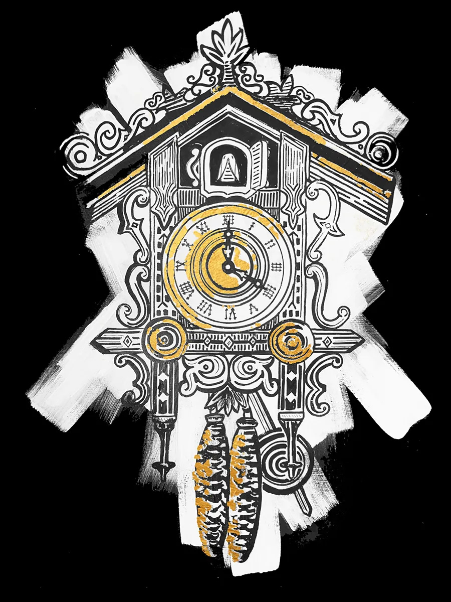 Kuckucksuhr Blattgold – modernes Schwarzwald Acrylgemälde mit echtem Blattgold, 40×60 cm, NIR Design 2023