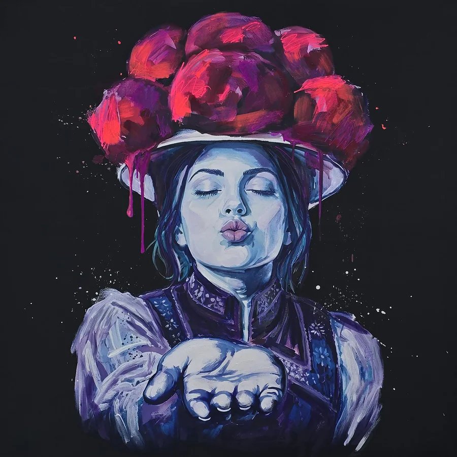 Schwarzwaldmädel Vreni wirft einen Handkuss – Bollenhut in Neon, modernes Mixed-Media-Acrylgemälde 120×120 cm auf Leinwand
